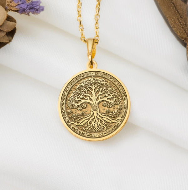 Gold Tree of Life Pendant, Gold Yggdrasil Necklace, Gold Bodhi Tree Jewelry, Gold Tree of Knowledge Charm, Gold Kalpavriksha Pendant, Gold Spiritual Necklace, Gold Cosmic Tree Jewelry, Gold Symbolic Growth Charm, Gold Nature Pendant, Gold Charm