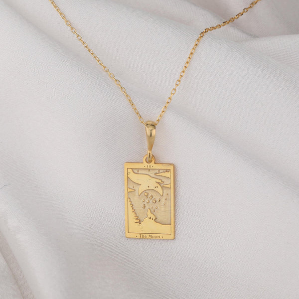 14K Solid Gold The Moon Tarot Card Necklace, Tarot Reading Rectangle Charm, Gold Tarot The Moon Pendant , Gold Tarot The Moon Necklace