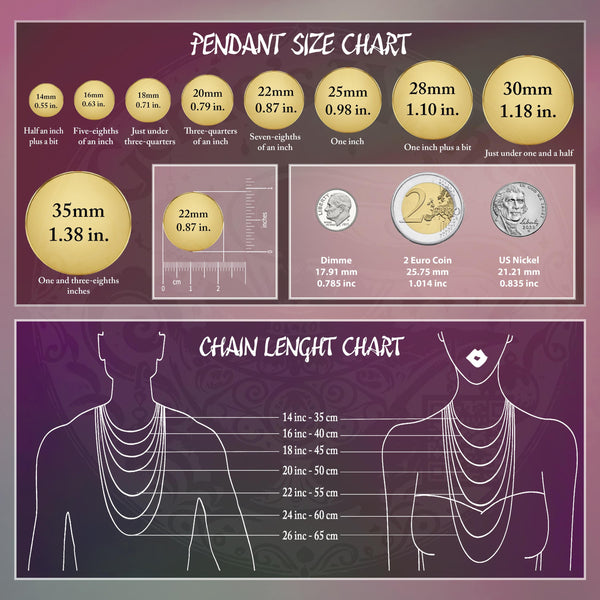 The image is a detailed chart that provides the sizes of various pendants in millimeters, ranging from 14 to 35 cm, and from 1.38 to 1.18 in. The chart also includes a chain length chart that shows the chain lengths in inches, ranging from 14 to 65 cm. The chart provides a visual representation of the sizes and chain lengths of different pendant designs, allowing for easy comparison and understanding of the measurements.