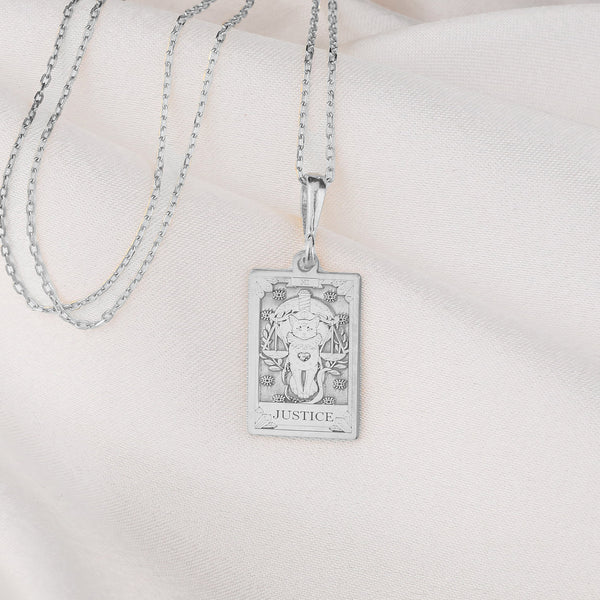 14K Solid Gold Justice Tarot Card Necklace, Tarot Reading Rectangle Charm, Dainty Justice Tarot Necklace, Silver Justice Tarot Necklace