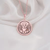 Rose Gold Plated Pembroke Welsh Corgi Angel Dog Medallion featuring beloved royal breed with heavenly wings and halo. Elegant memorial jewelry with detailed short legs and ornate botanical border. Warm-toned rainbow bridge talisman for Corgi loss.