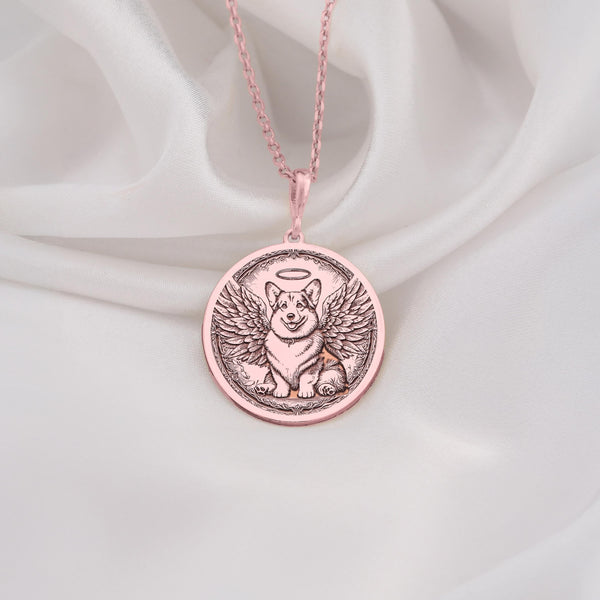Rose Gold Plated Pembroke Welsh Corgi Angel Dog Medallion featuring beloved royal breed with heavenly wings and halo. Elegant memorial jewelry with detailed short legs and ornate botanical border. Warm-toned rainbow bridge talisman for Corgi loss.