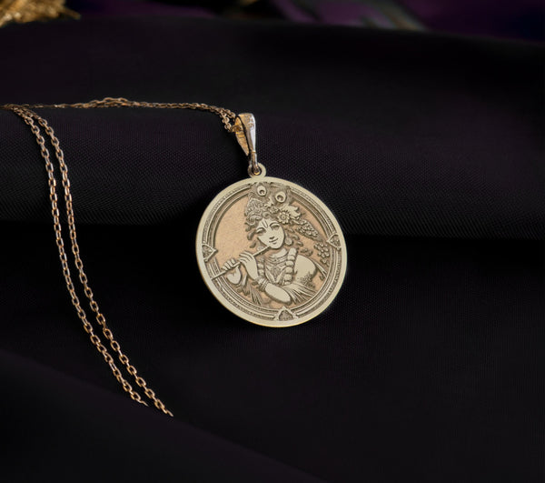 A luxurious 14K gold Krishna pendant featuring intricate details, ideal for spiritual devotion and daily wear.