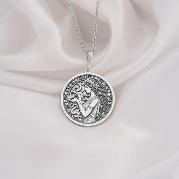 925 Sterling Silver Hygieia pendant showcasing the Greek goddess of health, an ideal necklace for doctors, nurses, and wellness enthusiasts.