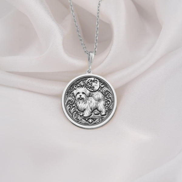 925 Sterling Silver Maltese pendant, with a moonlit background and flowing fur details. A silver puppy charm that captures cuteness and celestial style.