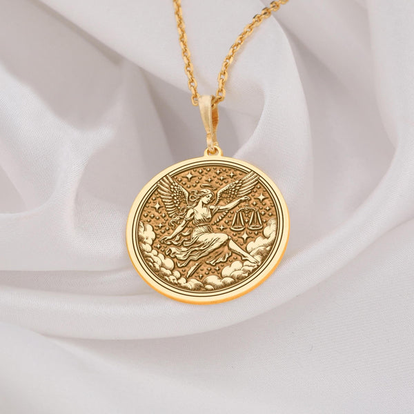 zodiac jewelry for women, Zodiac pendant for women, Zodiac necklace for women, libra medallion, Gold libra chain ,woman carrying scales , angel with scale, Women with scale, Libra scale, Scale necklace, Scale charm, Scale pendant, balance necklace