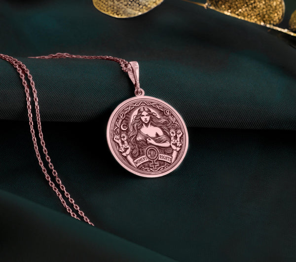 Rose Gold Plated feminist pendant, designed with equality and celestial engravings. A stunning women’s empowerment medallion, ideal for feminists and advocates of gender equality.