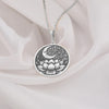 Silver Lotus Crescent Moon Necklace, handmade and personalized spiritual jewelry for women. Minimalist boho style with celestial charm. Perfect gift for yoga lovers, birthdays, anniversaries, or everyday wear.