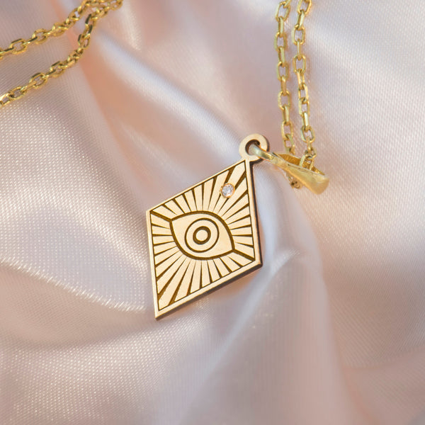14K Solid Gold Evil Eye Horus Necklace, Silver Evil Eye Charm , Evil Eye Gold Pendant, Silver Horus Necklace, Diamond Shaped Evil Eye Horus