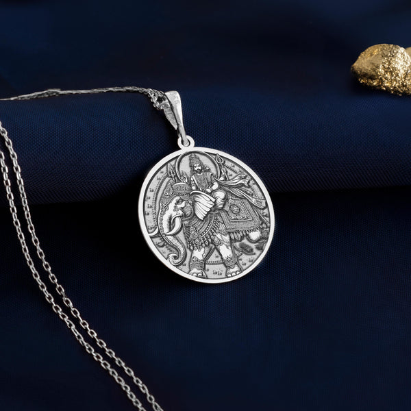 Indra silver necklace, Indra deity silver necklace, Mythology-inspired silver necklace, Indra jewelry in silver, Luxury silver necklace inspired by Indra, 925 silver Indra necklace for women, Handmade Indra deity silver pendant,