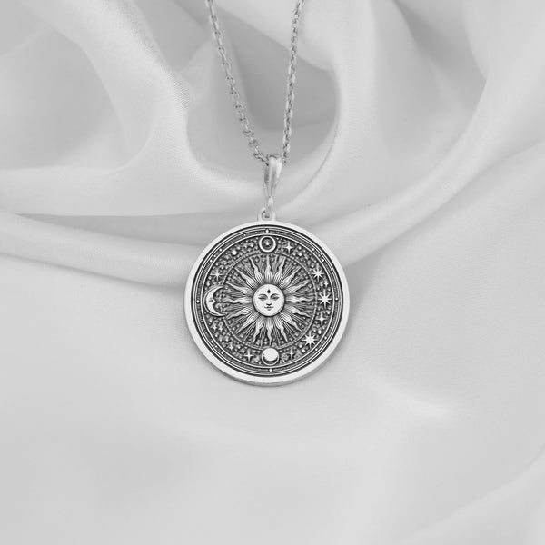 Sterling Silver Sun Necklace, artisan celestial pendant, dainty astrology charm for women, unique gift idea, minimalist boho-inspired jewelry design.