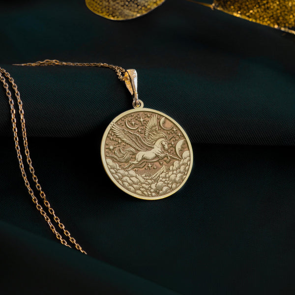 Solid Gold Pegasus Charm Necklace,Flying horse pendant, Pegasus, often seen as a horned flying horse. This gold necklace is a symbol of freedom. Choose between a gold pendant or gold medallion, each custom-to order lovers of fantasy jewelry
