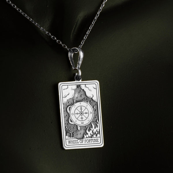 14K Solid Gold Wheel of Fortune Tarot Charm Necklace, Silver Wheel of Fortune Tarot Card Pendant, Triple Chain Tarot Charm Necklace