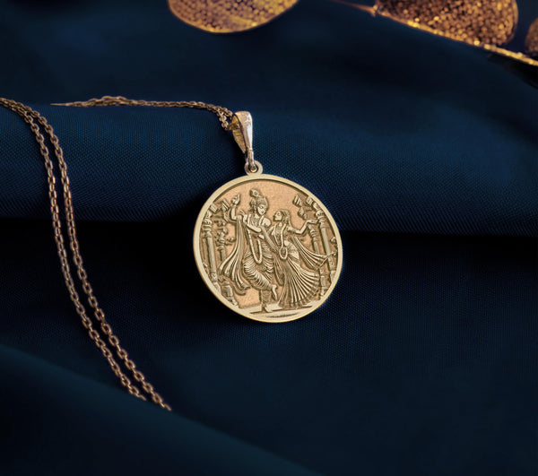 Dancing Krishna Radha Gold Pendant, Divine Love Gold Coin Medallion, Radha Krishna Temple Gold Jewelry, Indian Deity Pendant in Gold, Sacred Hindu Couple Gold Necklace, Mythological Gold Pendant of Radha Krishna, Round Gold Krishna Radha Medallion.