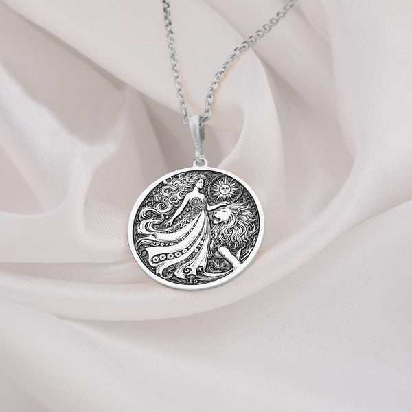 Sterling Silver Leo Women Zodiac Necklace with a detailed lion astrology pendant. Minimalist celestial jewelry for horoscope enthusiasts and a unique gift idea for Leo birthdays or astrology lovers.
