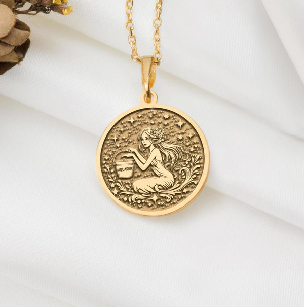 Aquarius necklacesolid gold, featuring the zodiac Water Bearer symbol. This astrology pendant is perfect for Aquarius sign lovers seeking a personalized, luxury gold jewelry piece. Ideal for everyday wear or as a unique zodiac gift.