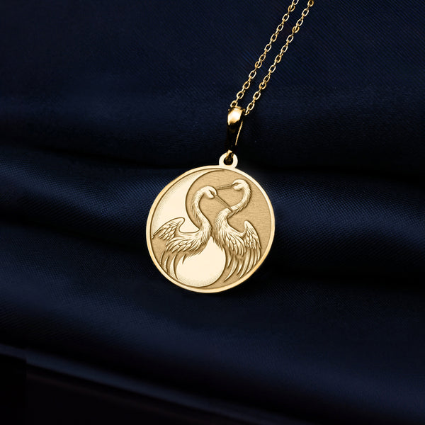 14K Solid Gold Crane Charm Necklace, Yin Yang Duality Pendant, Silver Yin Yang Crane Necklace, Rose Gold Crane Charm, Dainty Crane Necklace
