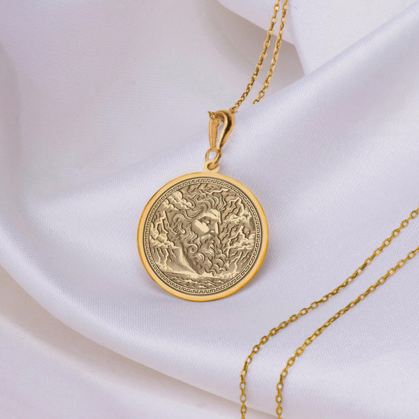 Zeus Round Pendant, Zeus Circle necklace, Zeus coin charm, zeus coin gift, Goldzeus coin , Zeus gold chain, Zeus silver chain, Zeus thunderbolt pendant, Zeus is the sky and thunder god, God of sky zeus, greek god zeus