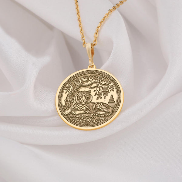 Solid Gold Asian tiger Pendant, Silver Tiger Medallion, Tiger Round Pendant, Tiger Gold Necklace, Tiger Chain, Silver Disc Tiger Pendant, Gold Tiger Pendant, Gold Tiger Chain , Tiger Gold Jewelery, Tiger Charm