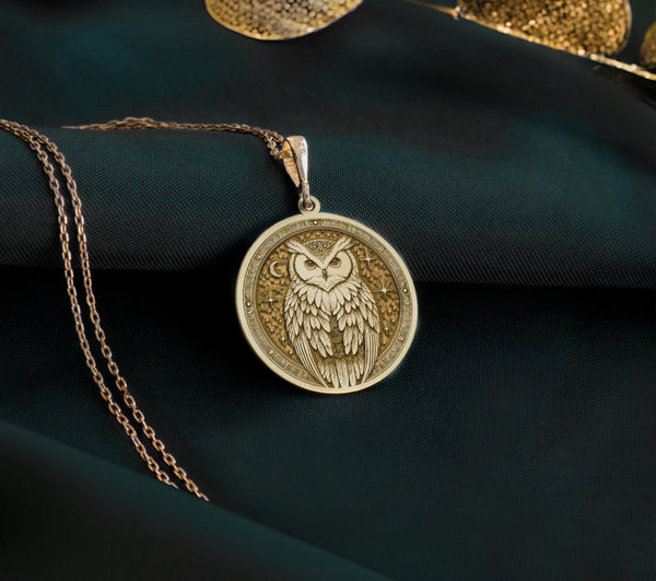 14K Gold Plated Owl Medallion Pendant featuring wisdom symbol on circular design. Affordable luxury jewelry with detailed owl carving, expressive eyes and textured background. Perfect spiritual gift with ancient meaning.