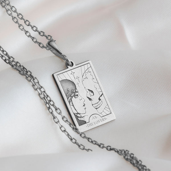 14K Solid Gold Lovers Tarot Card Necklace, Tarot Reading Rectangle Charm, Silver Tarot Lovers Pendant, Silver Tarot Lovers Necklace