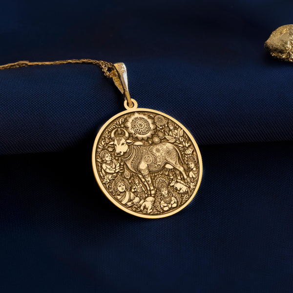 Kamadhenu surabhi gold necklace, Hindu wish-fulfilling cow pendant, Divine Kamadhenu jewelry, bovine-goddess cow mother pendant, Prosperity cow gold pendant, Sacred Kamadhenu amulet, Kamadhenu charm necklace, Mythical cow gold jewelry,