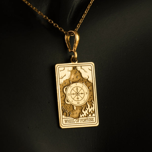 14K Solid Gold Wheel of Fortune Tarot Charm Necklace, Silver Wheel of Fortune Tarot Card Pendant, Triple Chain Tarot Charm Necklace