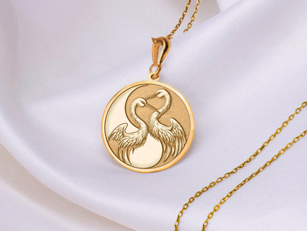 Crane Yin yang Silver Amulet, Yin yang round pendant, yin yang silver medallion, Crane round pendant, Crane disc pendant, Yin yang chain, Crane duality Jewelry, Gold Crane yin yang Medallion, Gold Crane yin yang Amulet, Yin yang Crane gift,