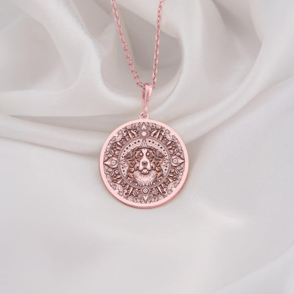 Rose Gold Plated Bernese Mountain Dog Medallion featuring beloved Swiss breed with distinctive tri-color coat and gentle expression surrounded by ornate patterns. Elegant memorial jewelry. Warm-toned gentle giant talisman.