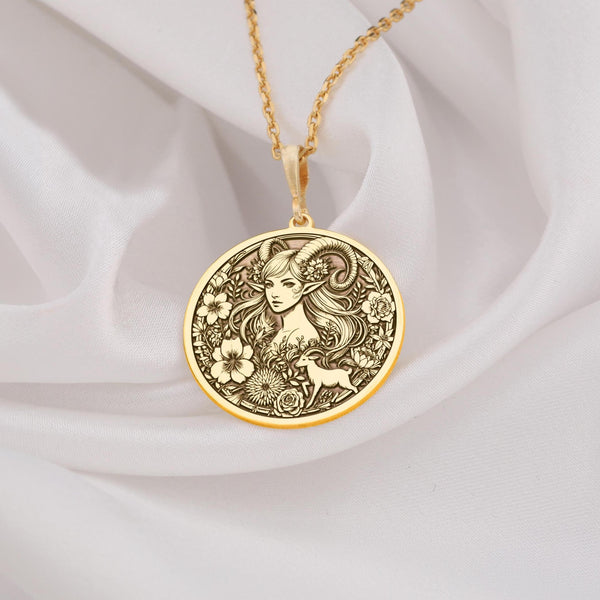 14K Gold Capricorn Necklace – Elegant zodiac pendant for women. Handmade Capricorn astrology jewelry, perfect January birthday gift. Delicate floral design, personalized star sign charm in solid gold. Unique celestial accessory for her.