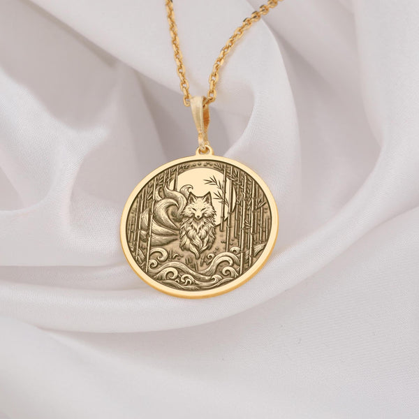Kitsune fox pendant 14K solid gold , inspired by Japanese mythology. A detailed nine-tailed fox charm symbolizing transformation, wisdom, and supernatural power
