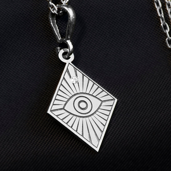 14K Solid Gold Evil Eye Horus Necklace, Silver Evil Eye Charm , Evil Eye Gold Pendant, Silver Horus Necklace, Diamond Shaped Evil Eye Horus