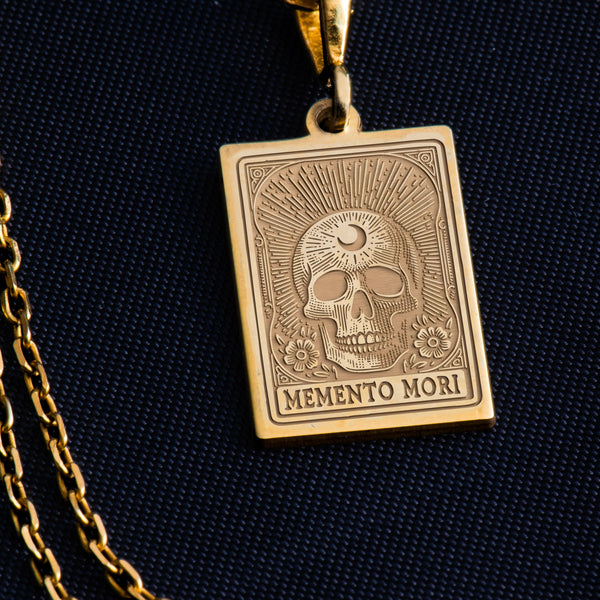 Solid gold Memento Mori skull charm necklace, vintage-inspired, meaningful necklace, resilience symbol, lightweight and stackable, boho style, perfect for layering, crafted for everyday wear, one-of-a-kind, meaningful gift.