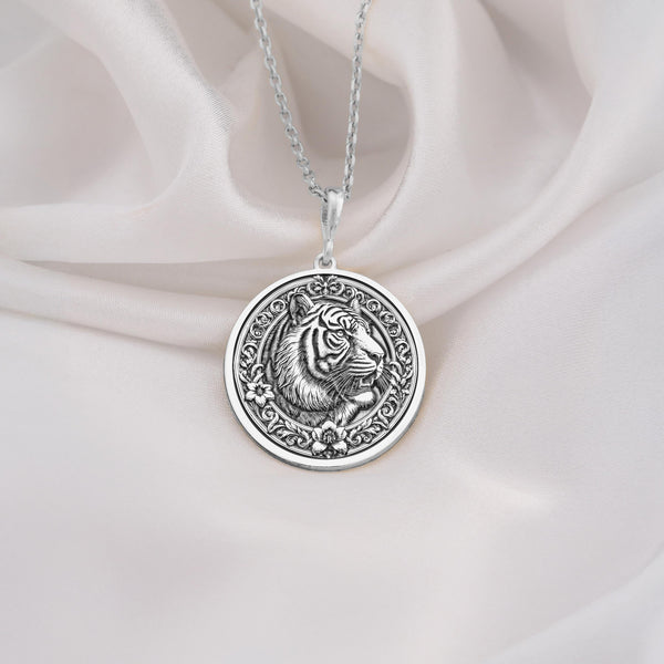 Sterling Silver Tiger Necklace showcasing a detailed medallion pendant. A timeless gift for women or animal lovers, this elegant piece symbolizes strength and luck. Perfect for daily wear.
