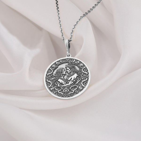 Sterling silver Shiva and Vishnu Necklace featuring Mohini-inspired details, crafted for LGBTQ pride and spiritual jewelry lovers. handmade pendant is a meaningful Hindu mythology accessory, ideal as a unique gift celebrating love and divine unity.