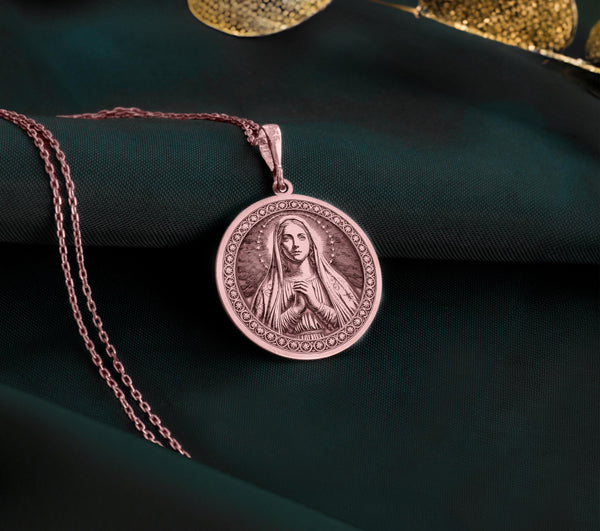 Rose gold Virgin of Medjugorje necklace, symbolizing serenity and devotion. A heartfelt religious gift for women.