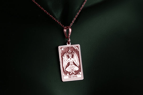 14K Solid Gold The Devil Tarot Necklace, Silver Devil Tarot Pendant, Minimalist TarotNecklace, Dainty Tarot Charm Necklaces Rose plated