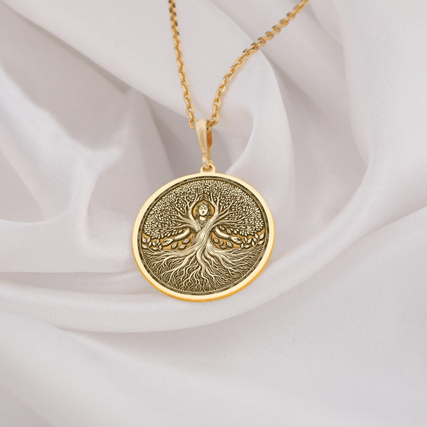 real Gold Tree of Life pendant, featuring a beautifully engraved Mother Nature medallion with deep roots and flourishing branches. A meaningful gold spiritual necklace, symbolizing growth, balance, and divine feminine energy.