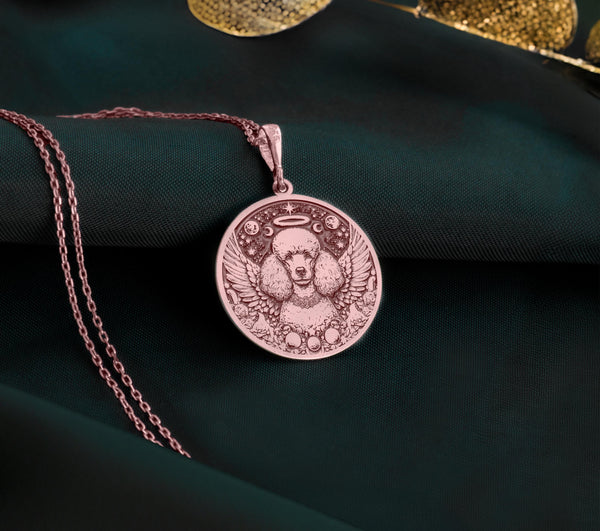 Rose Gold Plated Poodle Angel Pendant with memorial design. Warm-toned elegant breed medallion with detailed wings, halo and peaceful expression. Rainbow bridge jewelry celebrating eternal love and connection, perfect for grieving Poodle parents.