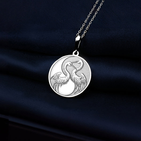14K Solid Gold Crane Charm Necklace, Yin Yang Duality Pendant, Silver Yin Yang Crane Necklace, Rose Gold Crane Charm, Dainty Crane Necklace
