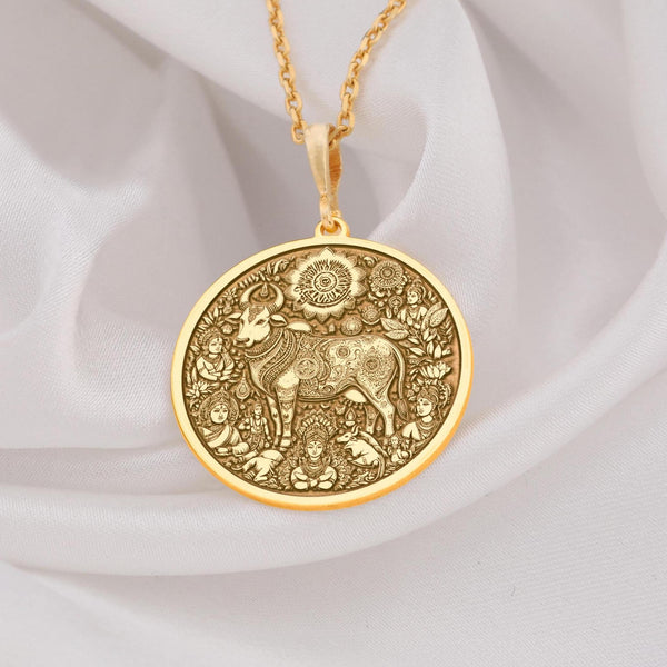 Kamadhenu surabhi gold necklace, Hindu wish-fulfilling cow pendant, Divine Kamadhenu jewelry, bovine-goddess cow mother pendant, Prosperity cow gold pendant, Sacred Kamadhenu amulet, Kamadhenu charm necklace, Mythical cow gold jewelry,