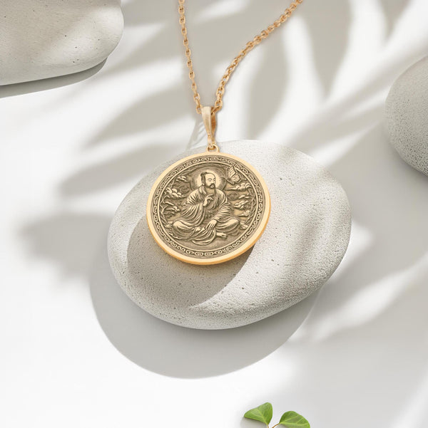 14K solid gold Zhuangzi-inspired necklace featuring an intricate butterfly dream design, symbolizing transformation, mindfulness, and Taoist philosophy. A perfect statement piece for lovers of spiritual and symbolic jewelry
