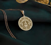 14K Gold Plated Bernese Mountain Dog Medallion with memorial symbolism. Detailed Swiss mountain dog pendant with gentle giant features and geometric elements. Elegant memorial jewelry gift representing eternal bond with departed Bernese companion.