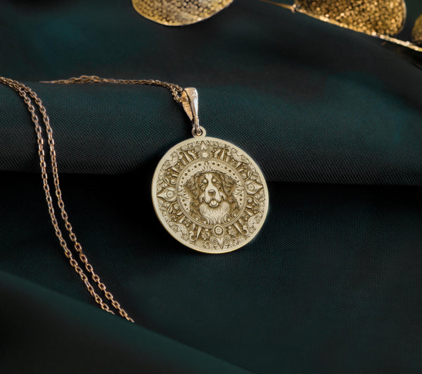 14K Gold Plated Bernese Mountain Dog Medallion with memorial symbolism. Detailed Swiss mountain dog pendant with gentle giant features and geometric elements. Elegant memorial jewelry gift representing eternal bond with departed Bernese companion.