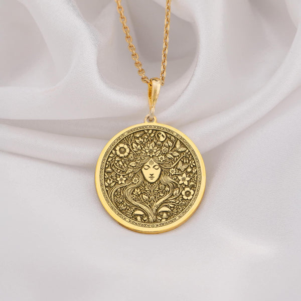 14k Solid Gold Floral Mother Nature Necklace featuring a botanical-inspired pendant. Elegant handmade jewelry for nature lovers, perfect as a gift for women on special occasions such as anniversaries, birthdays, or Mother’s Day.