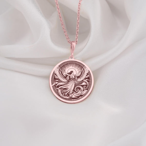 Eos Goddess Necklace in Rose Gold Plated finish, celestial winged goddess design. Inspired by Greek mythology, this necklace symbolizes hope, light, renewal, and feminine energy. A thoughtful gift for women who adore mythology, celestial themes.