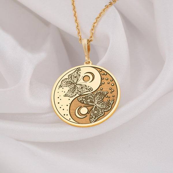 14K Gold Butterfly Yin Yang Medallion Pendant, Sterling Silver Celestial Balance Necklace, Spiritual Harmony Charm, Transformation Talisman