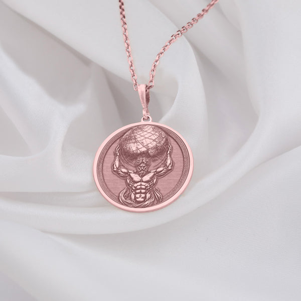 Titan Atlas rose gold necklace, an artfully designed pendant inspired by ancient Greek mythology and the enduring legend of the Titan Atlas. This exquisite statement piece combines the warm, captivating hue of rose gold with mythic strength, offering a unique accessory that embodies both elegance and contemporary style. Ideal for fashion-forward jewelry lovers.