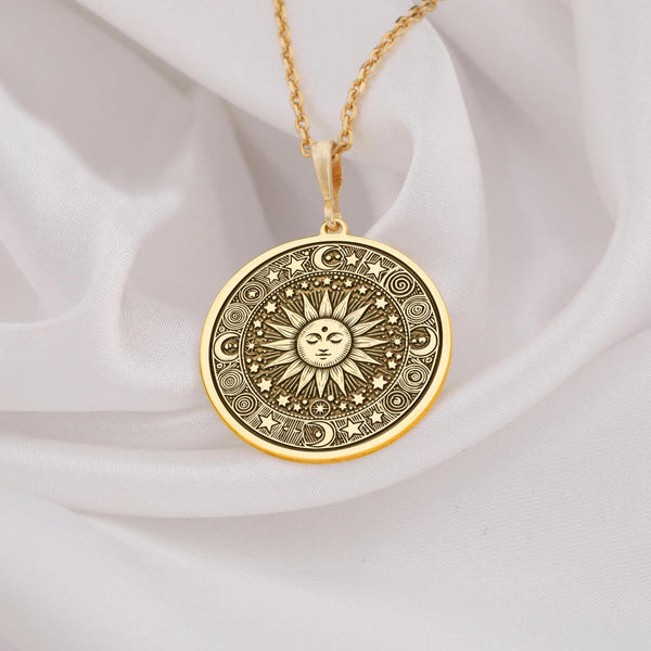 14K solid gold sun necklace featuring a celestial solar pendant design. Perfect for astrology lovers, minimalist jewelry fans, and as a meaningful handmade gift for her. Elegant and durable, ideal for everyday wear or special occasions.