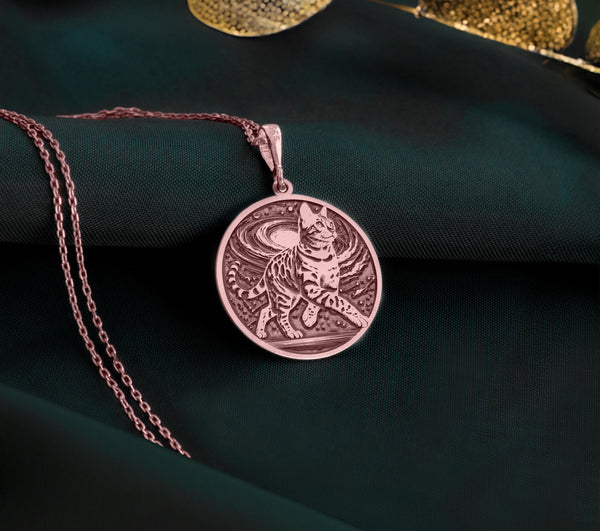 Rose Gold Plated Bengal Cat Pendant with exotic feline design. Warm-toned spotted cat medallion with detailed markings and elegant pose. Pet portrait jewelry celebrating these remarkable domestic wildcats with unique beauty.